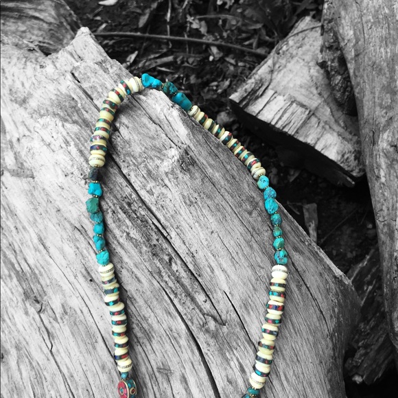 Tibetan Beads with Turquoise, Coral & SS with tassel by K Morris Designs - Picture 3 of 8